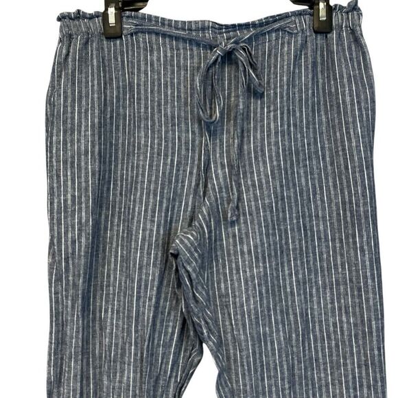 BEACH LUNCH LOUNGE Paperbag Pants Women's Large Blue White Striped Linen Blend - Picture 2 of 13